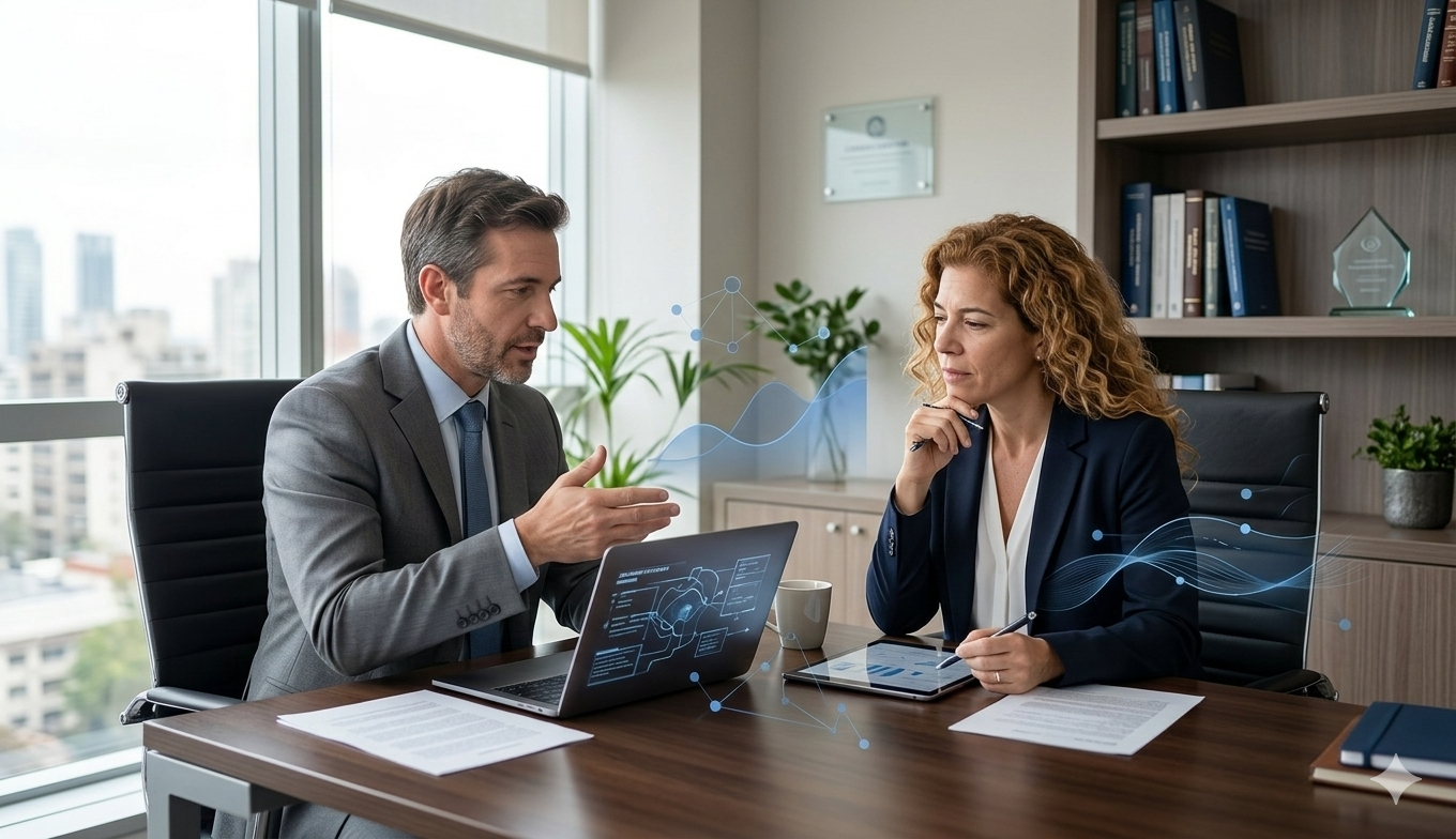 Consultores analizando estrategia digital para clínica de fertilidad